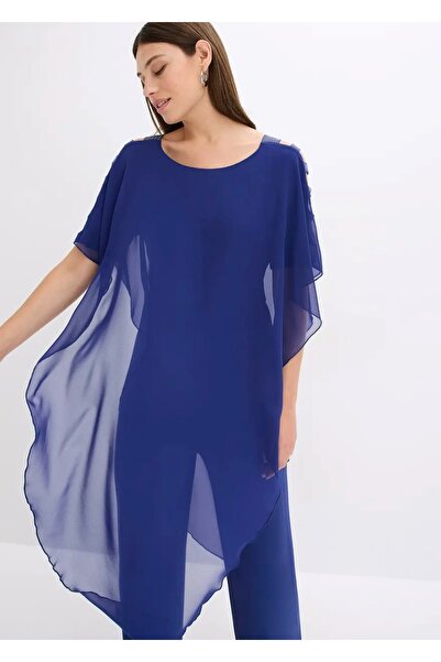 Şans Women's Plus Size Cobalt , One-Piece Jersey, Chiffon Top, Shoulder Detail, Wide Leg Evening Jumpsuit 65N39019