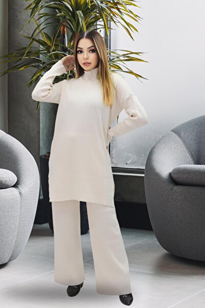 CLOUDY WEAR&DESİGN Women's Mock Neck Tunic Bottom Top Knitwear Set