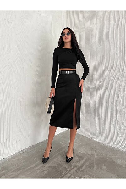 MİSPİER Slit Suede Skirt with Belt