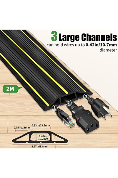 KASTWAVE Floor Cable Protector, 2M, Rubber 3-Channel Floor Cord Cover (Black/Yellow)