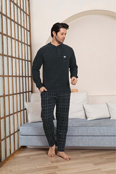 GUAVA+ Dark Green 3 Buttoned Chest Pocket Winter Cotton Thessaloniki Fabric Long Cuffed Sleeve Pajama Set with Pockets