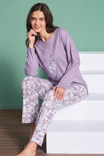 Pijadore Women's Long Sleeve Patterned Bottom Crew Neck Heart Printed Top Purple Color Pajama Set C0T7N91