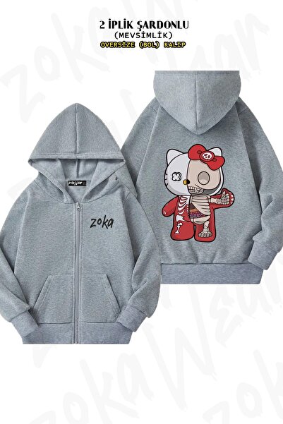 ZOKAWEAR سترة هيلو كيتي نصف هيكلية للجنسين مطبوع قصة فضفاضة Sırt مطبوع مزودة ...