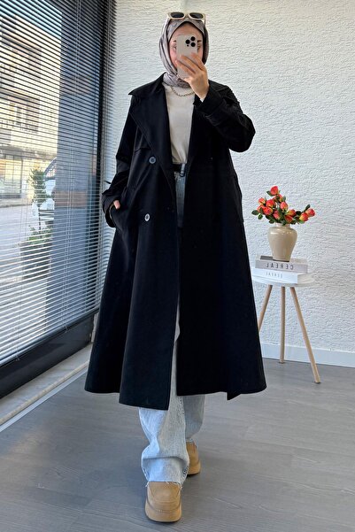 MELEK ARAZ Premium Dört Düğmeli Oversize Kadın Trençkot - Siyah