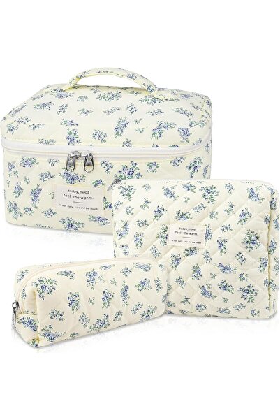 Generic 3 PCS Cotton Floral Makeup Bag Set - Travel Toiletry Organizer Pouches for Women