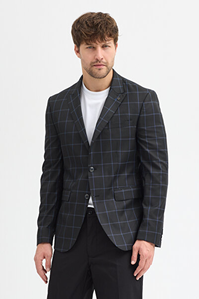 Frappoli Naldo Men's Black-Blue Plaid Patterned Polyviscon Fabric Slim Fit Sports Blazer Jacket