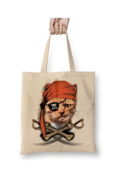 Toyaso Gato Pirata Pirate Cat Cat Λευκή υφασμάτινη τσάντα με μακρύ χερούλι Τσ...