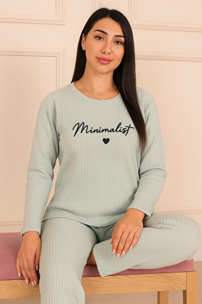 Niket Life Women's Minimalist Embroidered and F Corded Fabric Crew Neck Long Sleeve Six-Foot Long Cotton Pajama Set