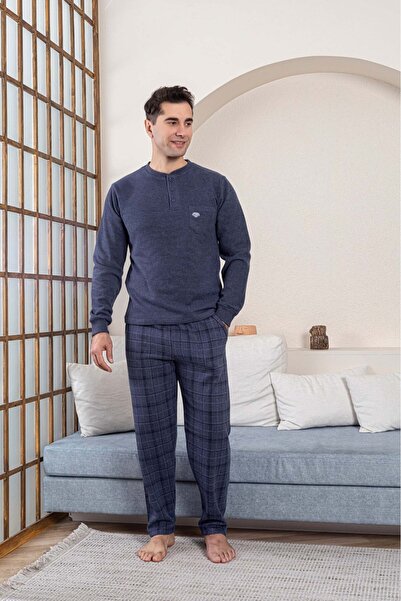 GUAVA+ Men's Indigo 3 Button Chest Pocket Winter Cotton Thessaloniki Fabric Long Cuffed Sleeve Pajama Set with Pockets