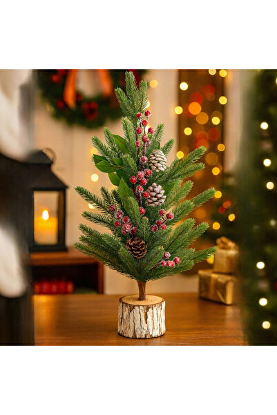 Issa Artificial Christmas Tree 63 cm with Berries and Pine Cones, Wooden Base