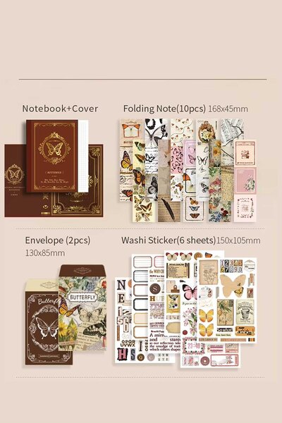 Buka Shops "Nature Whisper" Serisi 140 Parça Kelebek Seti (256 Sayfa Defterli) - Hediye Kutulu Journal, Sticker