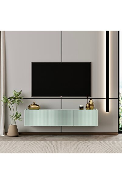 enwood Capella TV ünitesi mint yeşili MDF 120 cm duvara monte kapaklı raflı