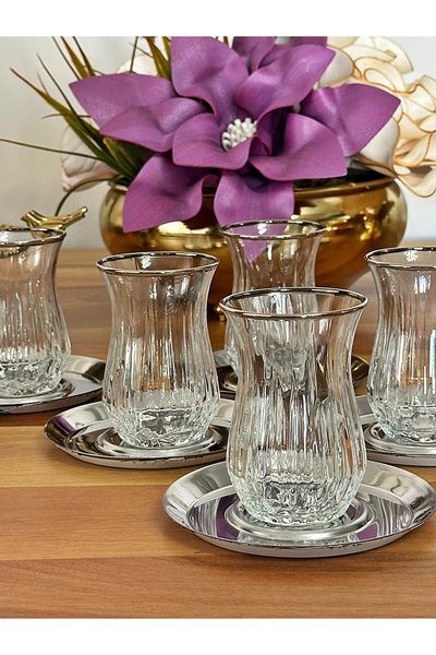 P&ORA PREMIUM KITCHEN PRODUCTS Echo Silver Metal Plated Silver Real Gold Plated Tea Set for 6 People Tea Set