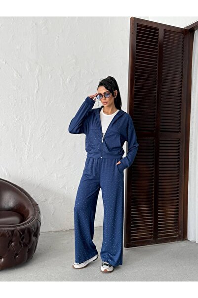 cemo Stone Embroidered Hooded Zippered Pipe Leg Women's Tracksuit Set