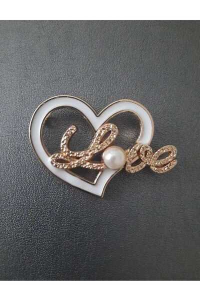 beyna aksesuar Gold Pearl Heart Love Model with White Enamel Inside Hand Sewing Brooch Button 4.5 cm