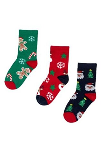 OEM Christmas Socks - Black, Green, Red with Cookies, Reindeer and Santa - 3 Pairs