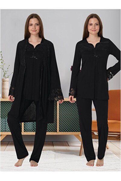 Lohusa Homewear Γυναικείο Σετ Πιτζάμες Μητρότητας με Δαντέλα σε Μαύρο Σχέδιο,...