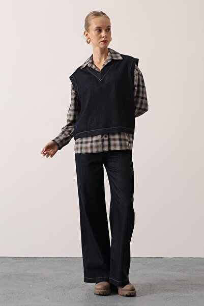 cemo Women's Denim Two-Piece Set V-Neck Denim Vest and High Waist Wide Leg Pants Jeans Set