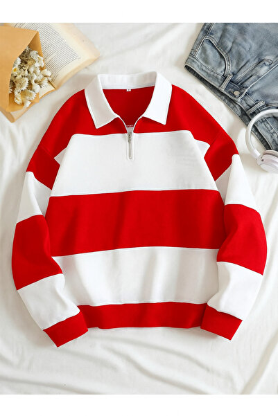 BRLKN Unisex Striped Oversize Polo Neck Half Zipper Sweatshirt