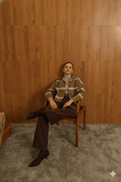 cemo Women's Striped Knitted Cardigan Jacket Buttoned Winter Thick Badi Jacket