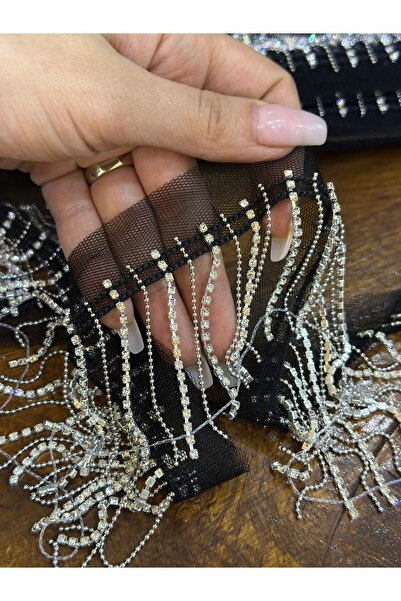 Gönülden Tasarım ACCESORIUL DE CUSUT CU BĂRĂ NEGRĂ CU CIUCURI DE PIATRĂ DE ZIRCON 1 METRĂ LĂȚIME 6 CM