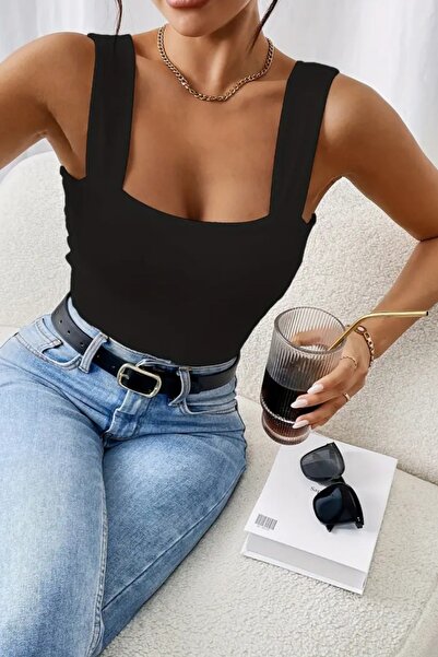 Olyssia Women's Black Square Neck Thick Strap Bodycon Stretchy Stylish Blouse