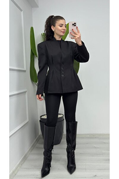 TUNAM BUTİK 3198 V Yaka Belden Oturmalı Düğmeli Blazer Ceket Siyah