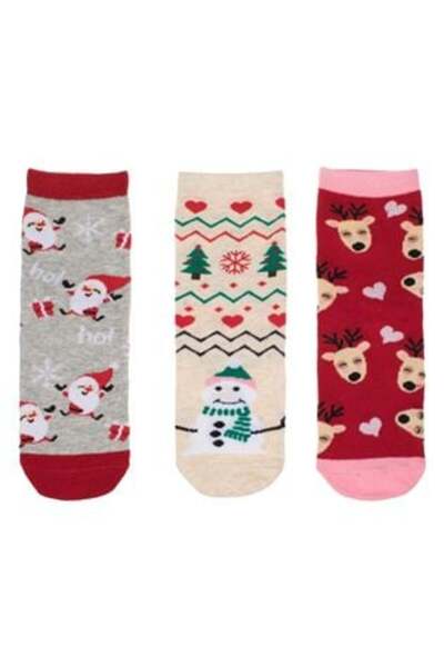 OEM Christmas Socks Beige Grey Red Snowman Santa Reindeer for Children - 3 Pairs