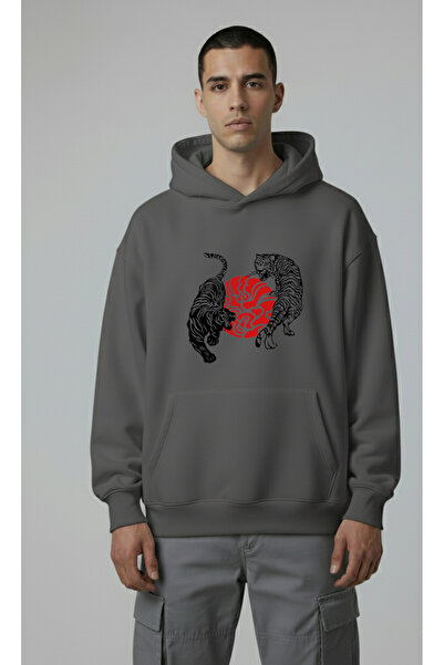 LORVEX Hanorac unisex supradimensionat cu imprimeu frontal Tigri alb-negru tr...