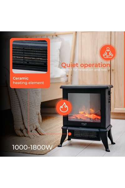 adler Adler electric fireplace, 1800W, tempered glass, ceramic, 3D flame effect, 2-year warranty