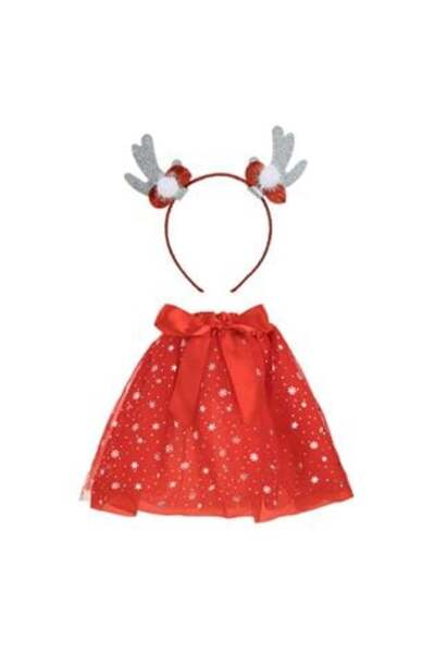 OEM Christmas Set with Red Tulle Tutu Skirt with Silver Snowflakes & Reindeer Hair Crown