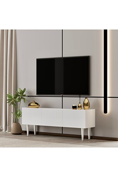 enwood Capella Tv Ünitesi Beyaz MDF 120 cm ayaklı kapaklı raflı