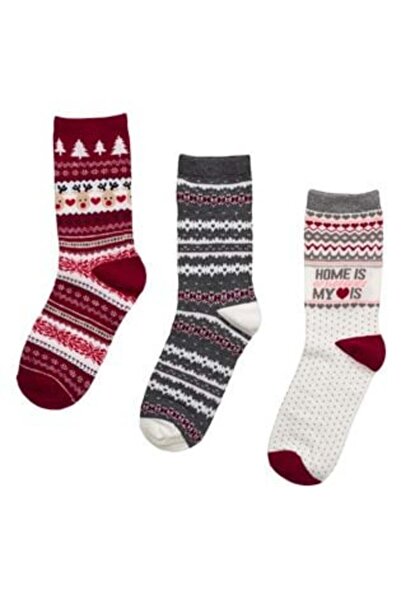 OEM Women's Socks Ecru Burgundy Gray Christmas Pattern - 3 pairs