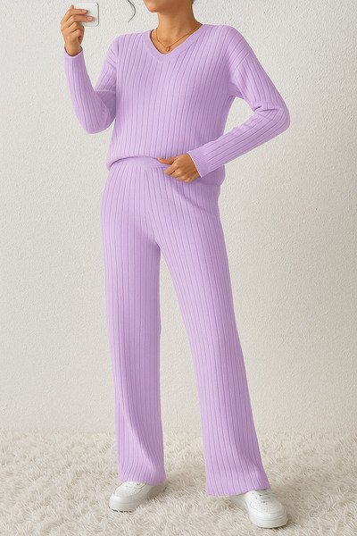 DUBU BUTİK Unisex Beige Ribbed Interlock Sweatsuit – Comfortable for Home and...