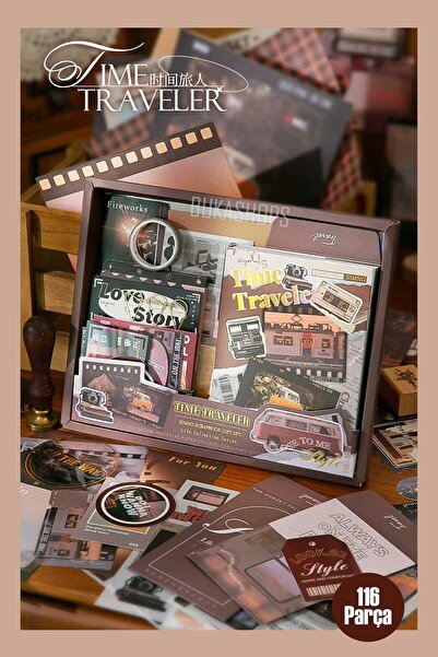 Buka Shops Time Traveler Series 116 Piece Scrapbook Set - Boxed Retro Notebook, Sticker, Washi Tape and Memo P