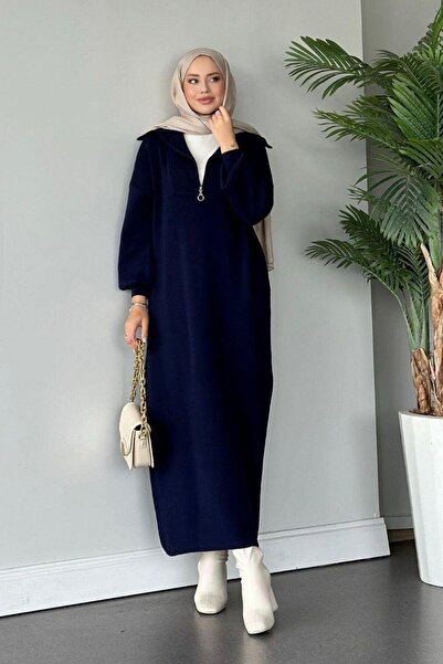 Flavus Puella Kadın Fermuarlı Fitilli Yaka Balon Kol Midi Triko Elbise