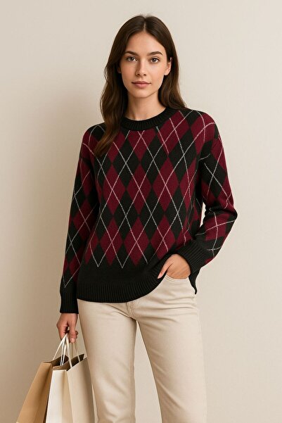 Sfg Life Moda Women's Ribbed Crew Neck and Argyle Pattern Knit Long Sweater