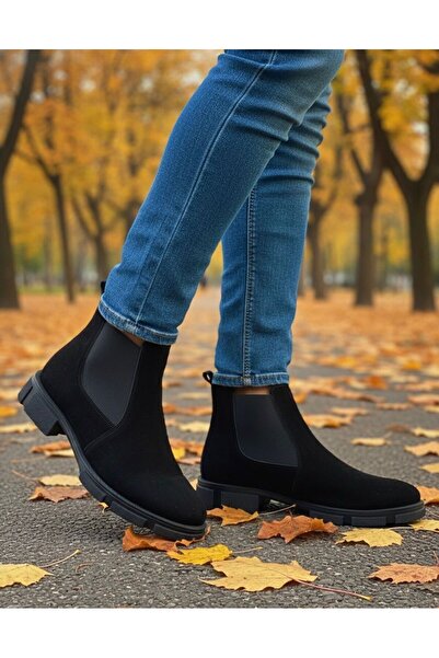 Budaks Men's Chelsea Boots Black Laceless Elastic Genuine Leather Boots 1212