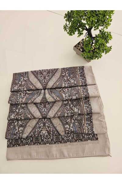 Yakut Yazma Etnik Desenli Gri Ve Bej Tonlarında Soft Şaş