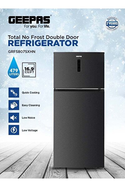 Geepas Total No-Frost Double Door Refrigerator GRF5807SXHN, 479L, Stainless Steel, Grey