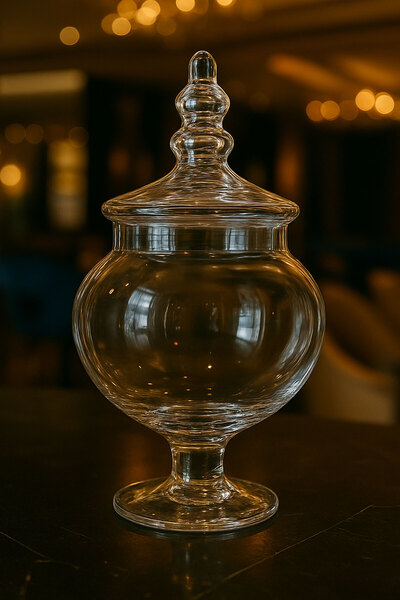 Mutfiko Cam Kapaklı Şeffaf Cam Şekerlik – Lüks Dekoratif Cam Kavanoz (Büyük Boy)