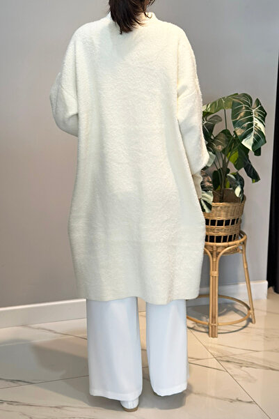 Lale Butik Long Button Detail Angora Cardigan 25129 Ecru