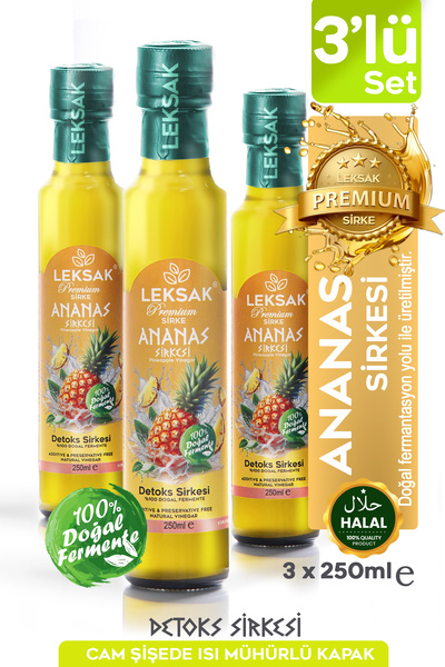 LEKSAK Ananas Sirkesi 3'lü Set 3X250ml Detoks Sirke Cam Şişede %100 Doğal Fer...