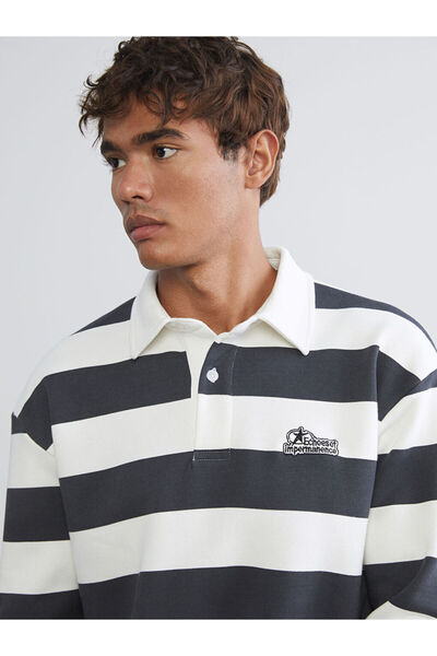 LC Waikiki Gray Polo Neck Striped Men's Thick Sweatshirt