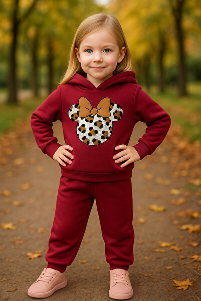 minikiss Hooded 3 Thread Ş Fleece-Lined 100% Cotton Girl Children's Bottom Top Set