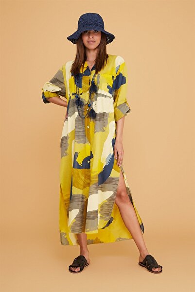 Butik Ayseba Park Moda Patchwork Boya Desenli Kapüşonlu Gömlek Elbise