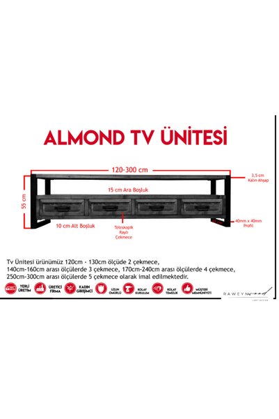 raweyn ALMOND DOĞAL AHŞAP ÇEKMECELİ TV ÜNİTESİ - 100cm