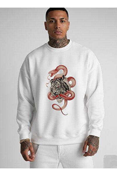 LORVEX Оверсайз унисекс суитшърт с велосипедна яка, леопардов и змийски принт