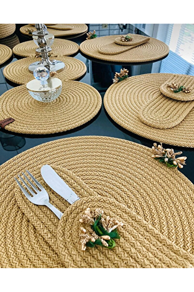 ESSENSE HOME & LİVİNG Round Hand-Woven American Tablecloth Runner Napkin Holder Table Set Handmade Table Set