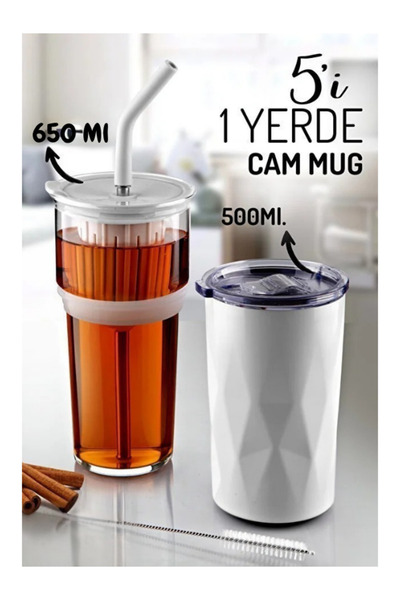 Tohana H2O 5 in 1 Glass Detox Mug with Steel Straw and Cleaner Gift 650 ml